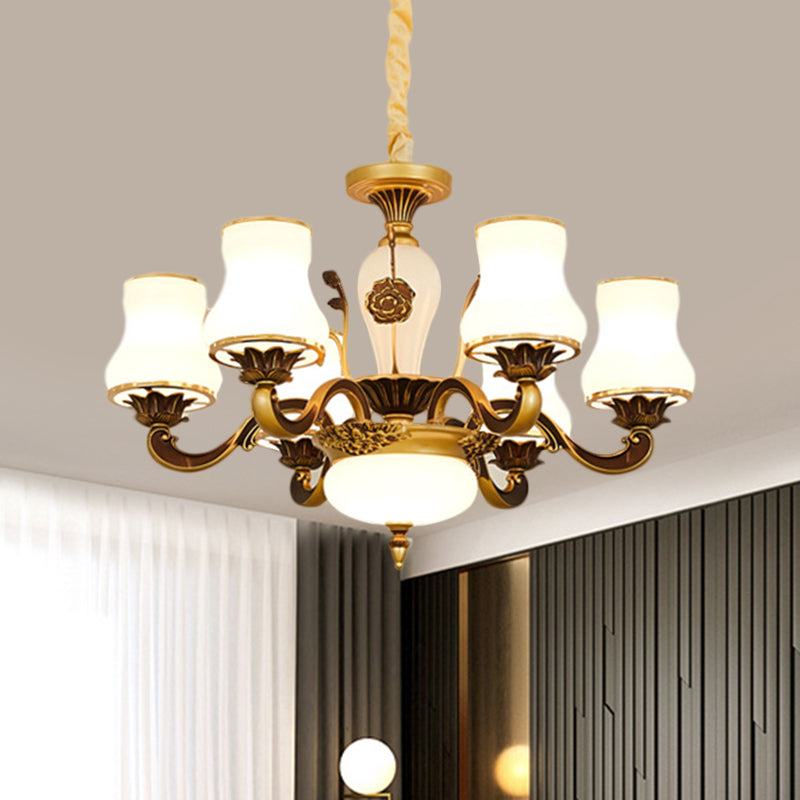 Brass 6/8-Head Pendant Lamp Retro Style Milky Glass Jar-Like Hanging Ceiling Light for Living Room Clearhalo 'Ceiling Lights' 'Chandeliers' 'Glass shade' 'Glass' 'Pendant Lights' Lighting' 1649720