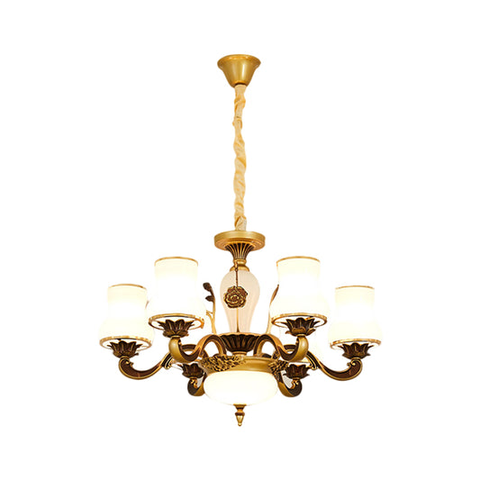 Brass 6/8-Head Pendant Lamp Retro Style Milky Glass Jar-Like Hanging Ceiling Light for Living Room Clearhalo 'Ceiling Lights' 'Chandeliers' 'Glass shade' 'Glass' 'Pendant Lights' Lighting' 1649721