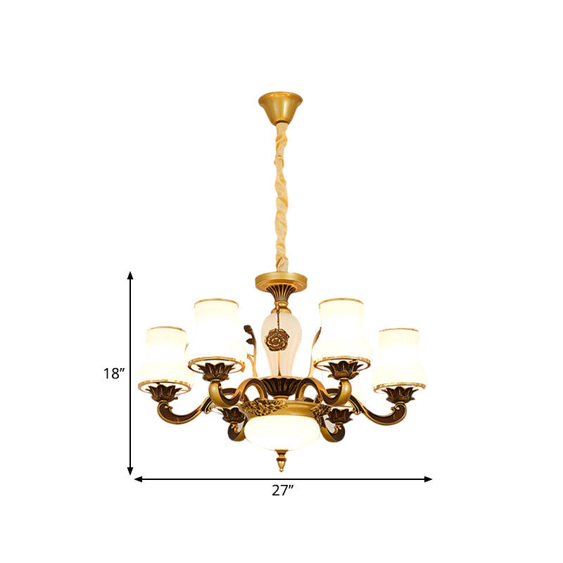 Brass 6/8-Head Pendant Lamp Retro Style Milky Glass Jar-Like Hanging Ceiling Light for Living Room Clearhalo 'Ceiling Lights' 'Chandeliers' 'Glass shade' 'Glass' 'Pendant Lights' Lighting' 1649722