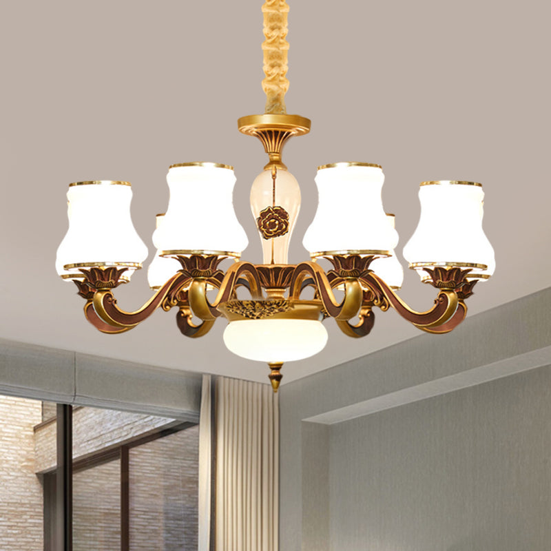 Brass 6/8-Head Pendant Lamp Retro Style Milky Glass Jar-Like Hanging Ceiling Light for Living Room Clearhalo 'Ceiling Lights' 'Chandeliers' 'Glass shade' 'Glass' 'Pendant Lights' Lighting' 1649725