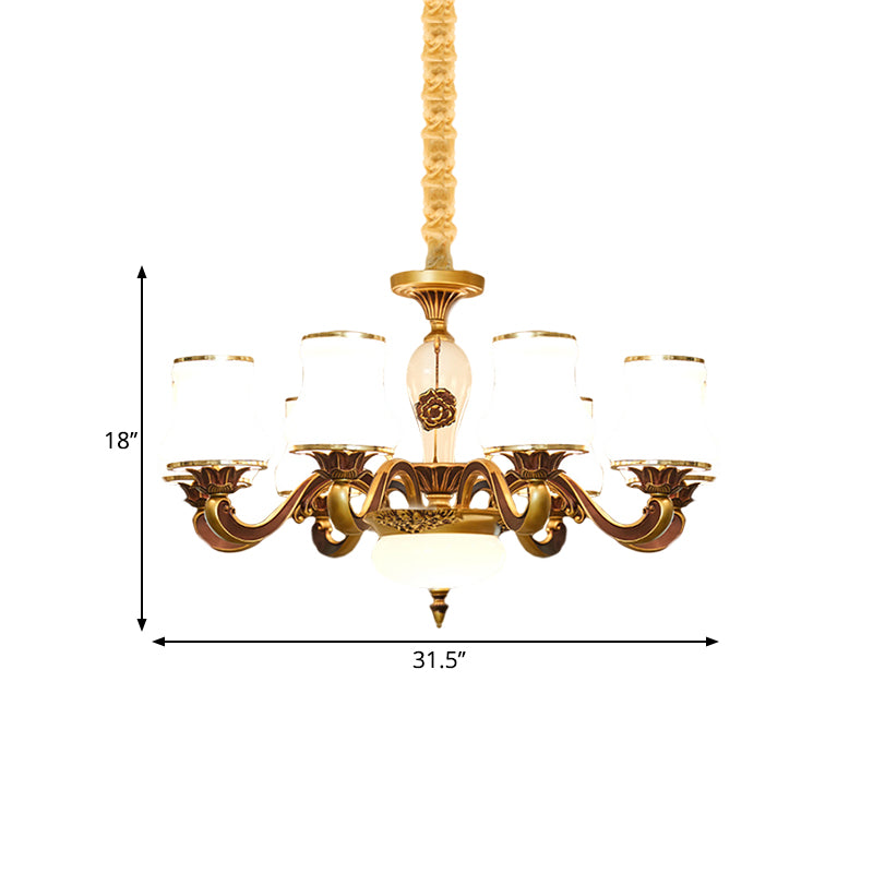 Brass 6/8-Head Pendant Lamp Retro Style Milky Glass Jar-Like Hanging Ceiling Light for Living Room Clearhalo 'Ceiling Lights' 'Chandeliers' 'Glass shade' 'Glass' 'Pendant Lights' Lighting' 1649727