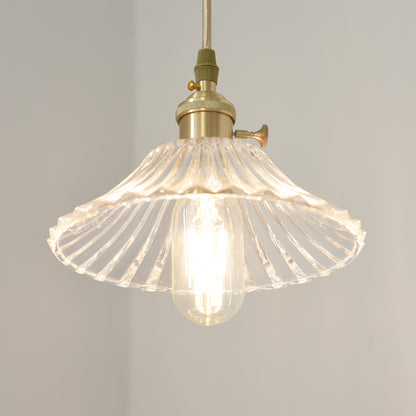 Rustic Wide Cone Hanging Light Single Bulb Clear Fluted Glass Pendant Lamp Kit in Brass Brass Clearhalo 'Ceiling Lights' 'Pendant Lights' 'Pendants' Lighting' 1649728_5d0cebe7-f032-4993-a359-e55ecca58f0c