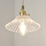 Rustic Wide Cone Hanging Light Single Bulb Clear Fluted Glass Pendant Lamp Kit in Brass Clearhalo 'Ceiling Lights' 'Pendant Lights' 'Pendants' Lighting' 1649728