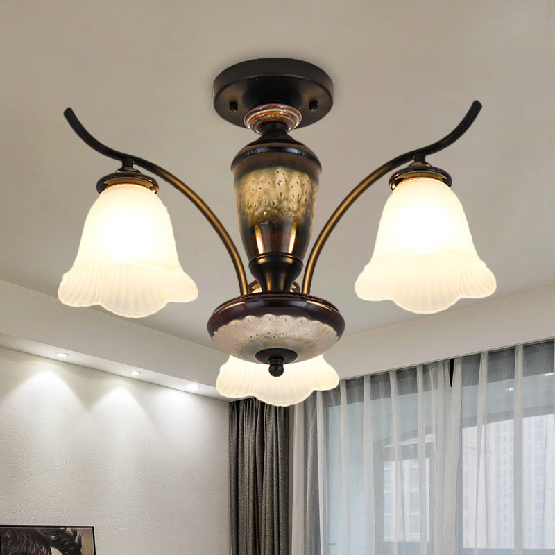 Country Flower Semi Flush 3/6/8 Heads Opal Ribbed Glass Flush Mount Ceiling Light in Black 3 Black Clearhalo 'Ceiling Lights' 'Close To Ceiling Lights' 'Close to ceiling' 'Semi-flushmount' Lighting' 1649762