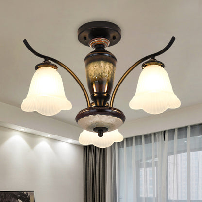 Country Flower Semi Flush 3/6/8 Heads Opal Ribbed Glass Flush Mount Ceiling Light in Black 3 Black Clearhalo 'Ceiling Lights' 'Close To Ceiling Lights' 'Close to ceiling' 'Semi-flushmount' Lighting' 1649762