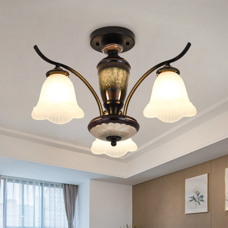 Country Flower Semi Flush 3/6/8 Heads Opal Ribbed Glass Flush Mount Ceiling Light in Black Clearhalo 'Ceiling Lights' 'Close To Ceiling Lights' 'Close to ceiling' 'Semi-flushmount' Lighting' 1649763