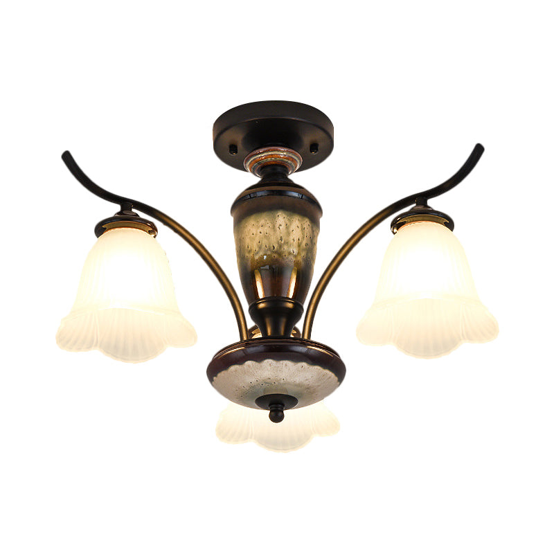 Country Flower Semi Flush 3/6/8 Heads Opal Ribbed Glass Flush Mount Ceiling Light in Black Clearhalo 'Ceiling Lights' 'Close To Ceiling Lights' 'Close to ceiling' 'Semi-flushmount' Lighting' 1649764
