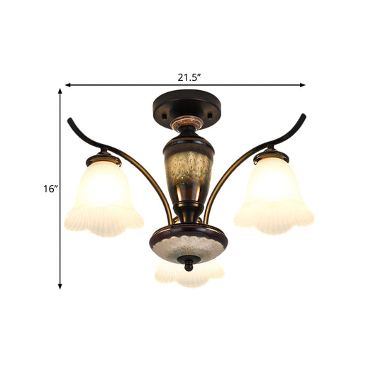 Country Flower Semi Flush 3/6/8 Heads Opal Ribbed Glass Flush Mount Ceiling Light in Black Clearhalo 'Ceiling Lights' 'Close To Ceiling Lights' 'Close to ceiling' 'Semi-flushmount' Lighting' 1649765