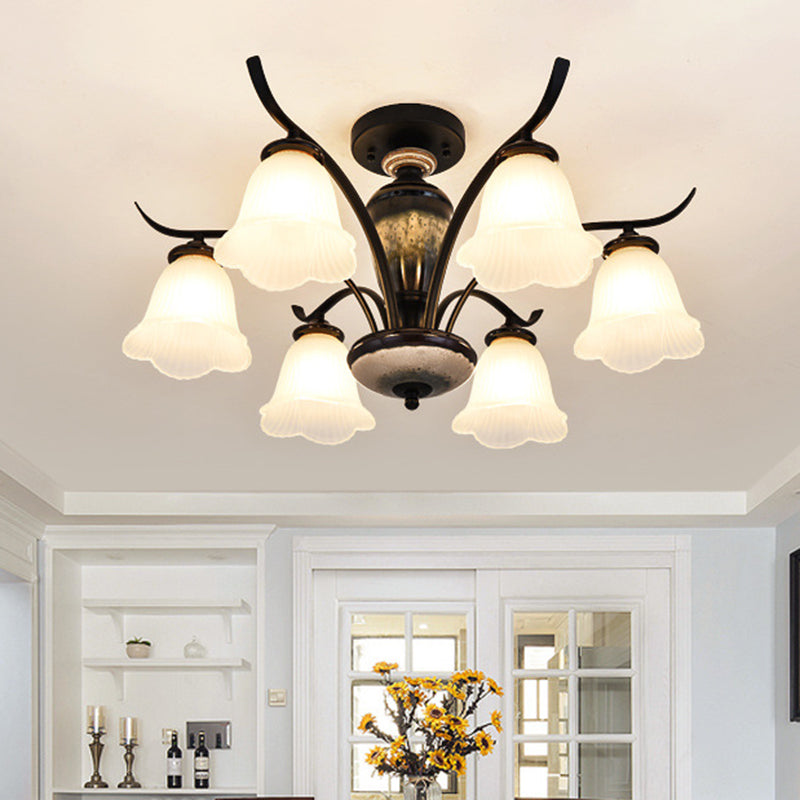 Country Flower Semi Flush 3/6/8 Heads Opal Ribbed Glass Flush Mount Ceiling Light in Black 6 Black Clearhalo 'Ceiling Lights' 'Close To Ceiling Lights' 'Close to ceiling' 'Semi-flushmount' Lighting' 1649766