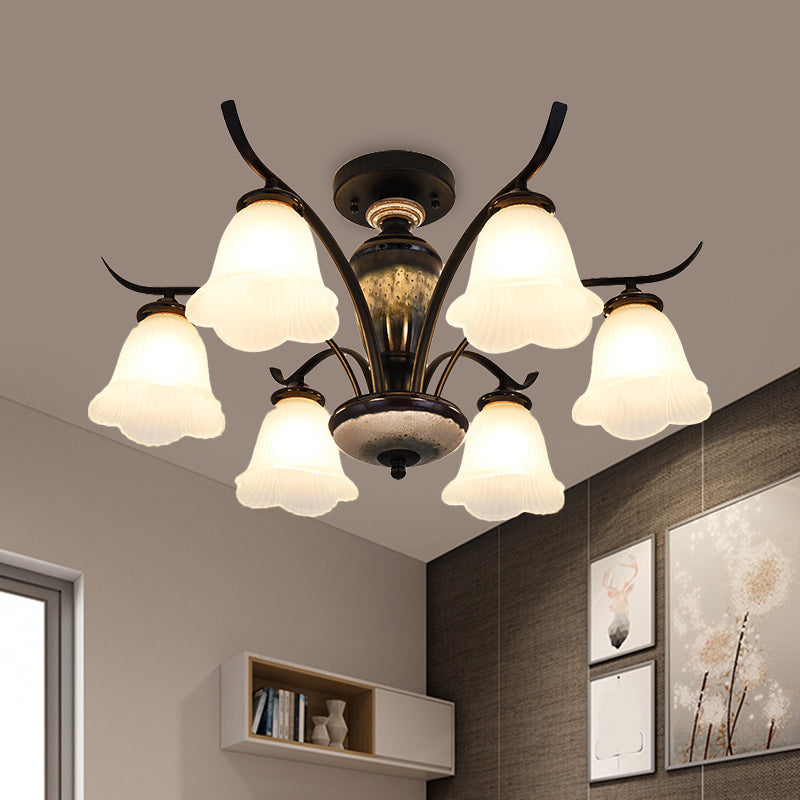 Country Flower Semi Flush 3/6/8 Heads Opal Ribbed Glass Flush Mount Ceiling Light in Black Clearhalo 'Ceiling Lights' 'Close To Ceiling Lights' 'Close to ceiling' 'Semi-flushmount' Lighting' 1649767
