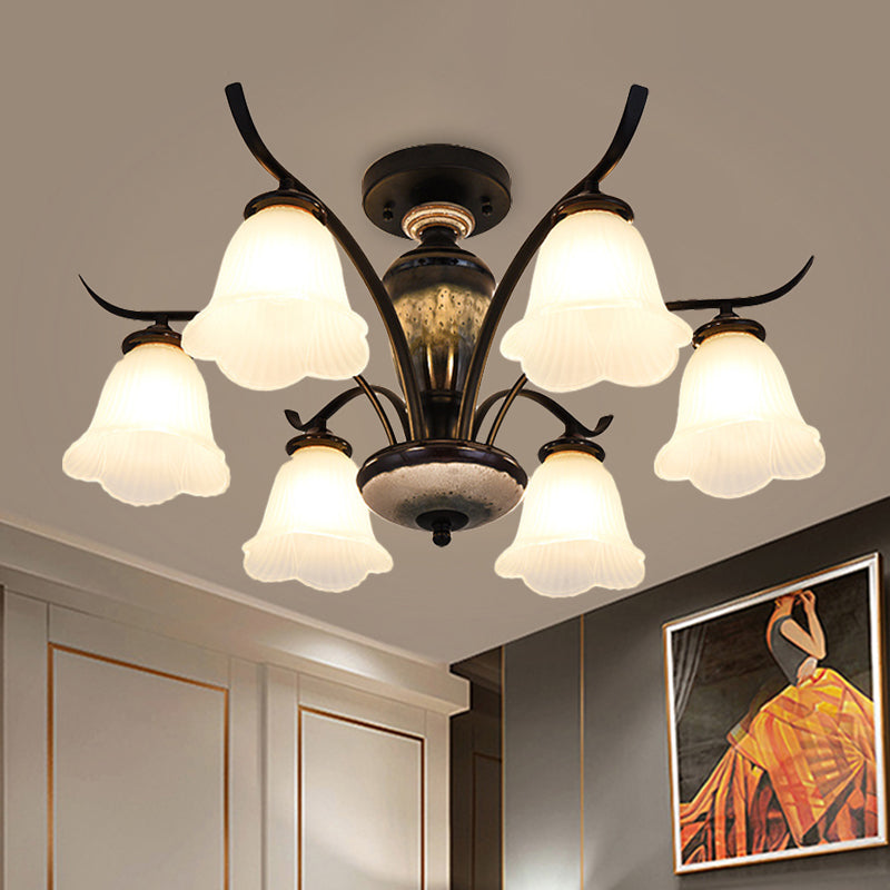 Country Flower Semi Flush 3/6/8 Heads Opal Ribbed Glass Flush Mount Ceiling Light in Black Clearhalo 'Ceiling Lights' 'Close To Ceiling Lights' 'Close to ceiling' 'Semi-flushmount' Lighting' 1649768