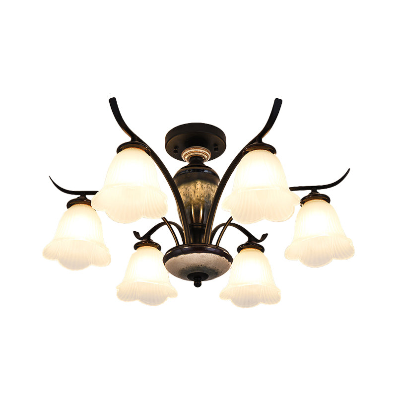 Country Flower Semi Flush 3/6/8 Heads Opal Ribbed Glass Flush Mount Ceiling Light in Black Clearhalo 'Ceiling Lights' 'Close To Ceiling Lights' 'Close to ceiling' 'Semi-flushmount' Lighting' 1649769