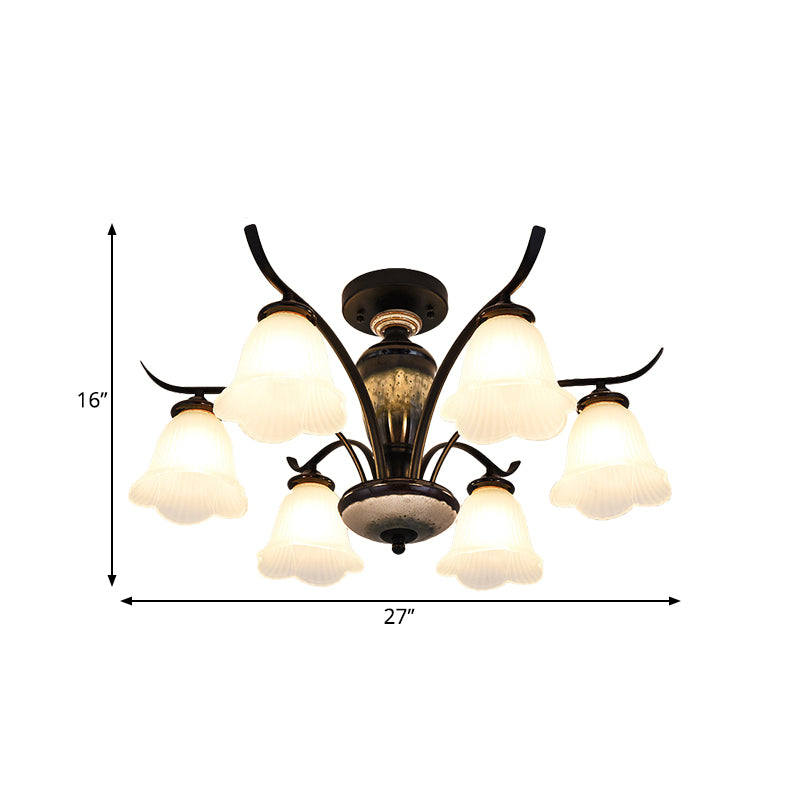 Country Flower Semi Flush 3/6/8 Heads Opal Ribbed Glass Flush Mount Ceiling Light in Black Clearhalo 'Ceiling Lights' 'Close To Ceiling Lights' 'Close to ceiling' 'Semi-flushmount' Lighting' 1649770