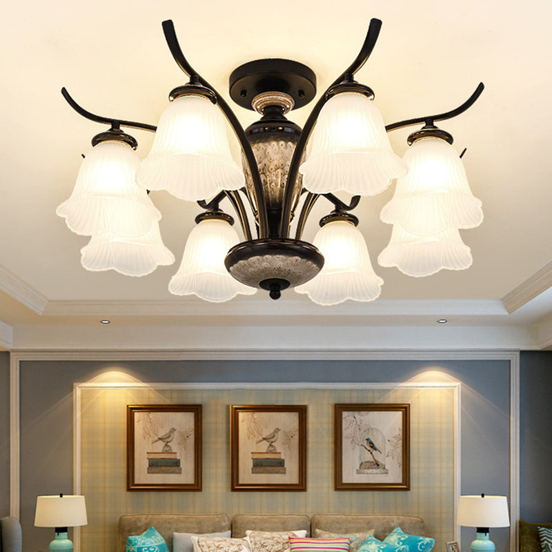 Country Flower Semi Flush 3/6/8 Heads Opal Ribbed Glass Flush Mount Ceiling Light in Black 8 Black Clearhalo 'Ceiling Lights' 'Close To Ceiling Lights' 'Close to ceiling' 'Semi-flushmount' Lighting' 1649771
