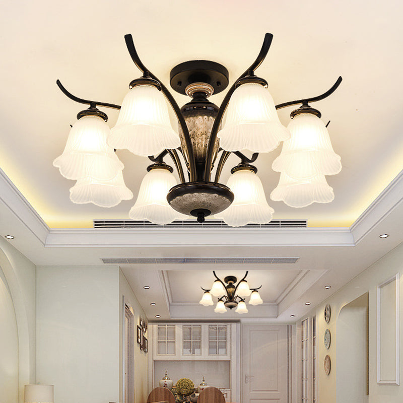 Country Flower Semi Flush 3/6/8 Heads Opal Ribbed Glass Flush Mount Ceiling Light in Black Clearhalo 'Ceiling Lights' 'Close To Ceiling Lights' 'Close to ceiling' 'Semi-flushmount' Lighting' 1649772