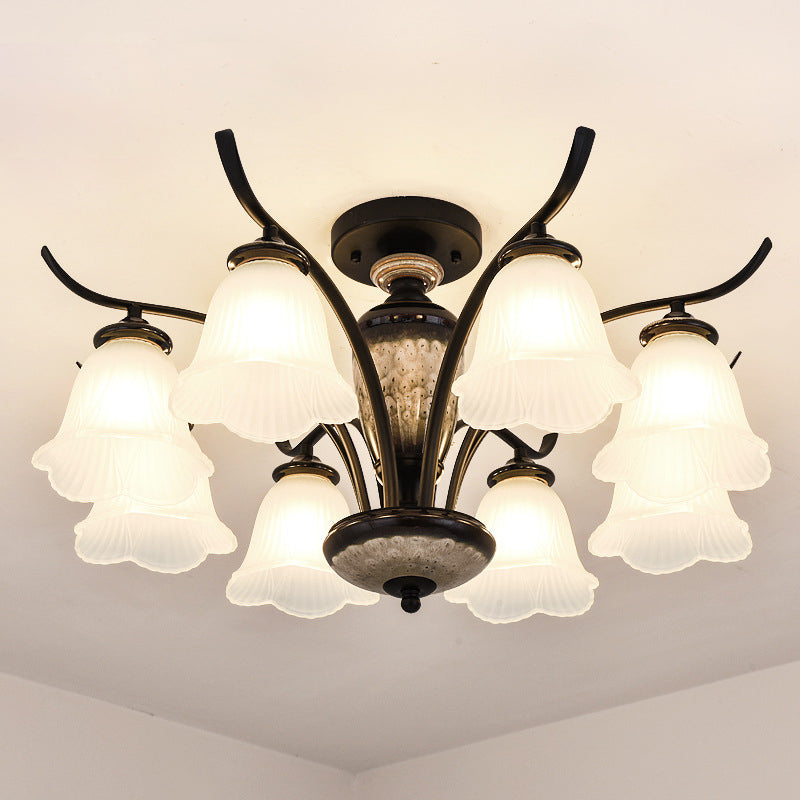 Country Flower Semi Flush 3/6/8 Heads Opal Ribbed Glass Flush Mount Ceiling Light in Black Clearhalo 'Ceiling Lights' 'Close To Ceiling Lights' 'Close to ceiling' 'Semi-flushmount' Lighting' 1649773