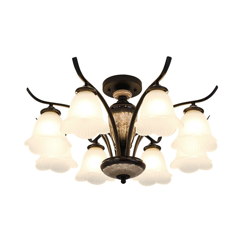 Country Flower Semi Flush 3/6/8 Heads Opal Ribbed Glass Flush Mount Ceiling Light in Black Clearhalo 'Ceiling Lights' 'Close To Ceiling Lights' 'Close to ceiling' 'Semi-flushmount' Lighting' 1649774