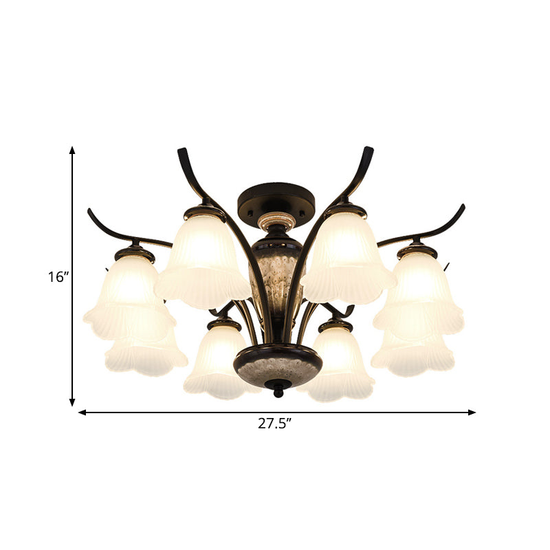 Country Flower Semi Flush 3/6/8 Heads Opal Ribbed Glass Flush Mount Ceiling Light in Black Clearhalo 'Ceiling Lights' 'Close To Ceiling Lights' 'Close to ceiling' 'Semi-flushmount' Lighting' 1649775