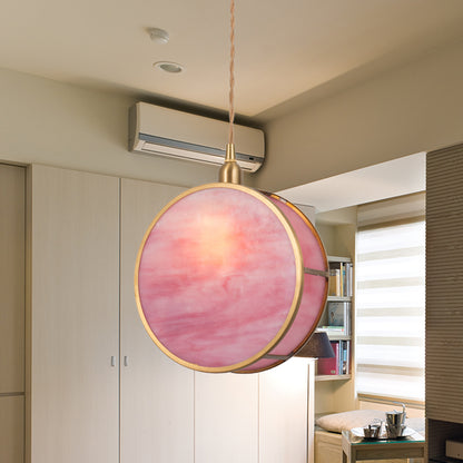 Nordic 1-Light Hanging Lamp Kit with Pink/Blue Glass Shade Brass Rounded Pendant Light Fixture Pink Clearhalo 'Ceiling Lights' 'Glass shade' 'Glass' 'Pendant Lights' 'Pendants' Lighting' 1649818