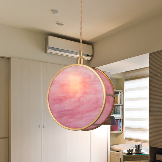 Nordic 1-Light Hanging Lamp Kit with Pink/Blue Glass Shade Brass Rounded Pendant Light Fixture Pink Clearhalo 'Ceiling Lights' 'Glass shade' 'Glass' 'Pendant Lights' 'Pendants' Lighting' 1649818