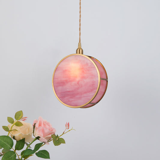 Nordic 1-Light Hanging Lamp Kit with Pink/Blue Glass Shade Brass Rounded Pendant Light Fixture Clearhalo 'Ceiling Lights' 'Glass shade' 'Glass' 'Pendant Lights' 'Pendants' Lighting' 1649819