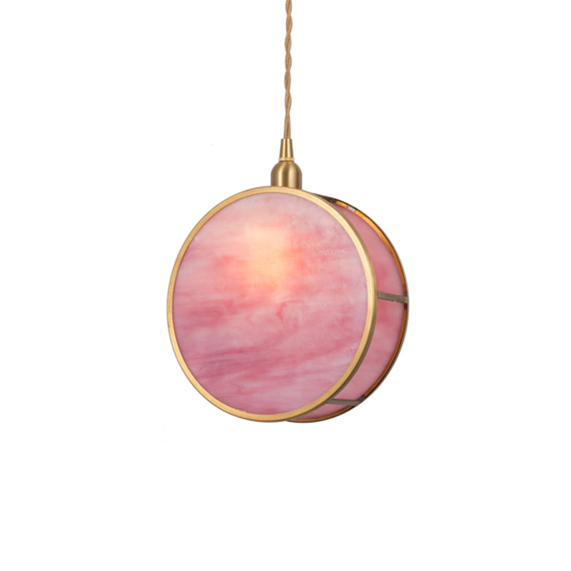 Nordic 1-Light Hanging Lamp Kit with Pink/Blue Glass Shade Brass Rounded Pendant Light Fixture Clearhalo 'Ceiling Lights' 'Glass shade' 'Glass' 'Pendant Lights' 'Pendants' Lighting' 1649820
