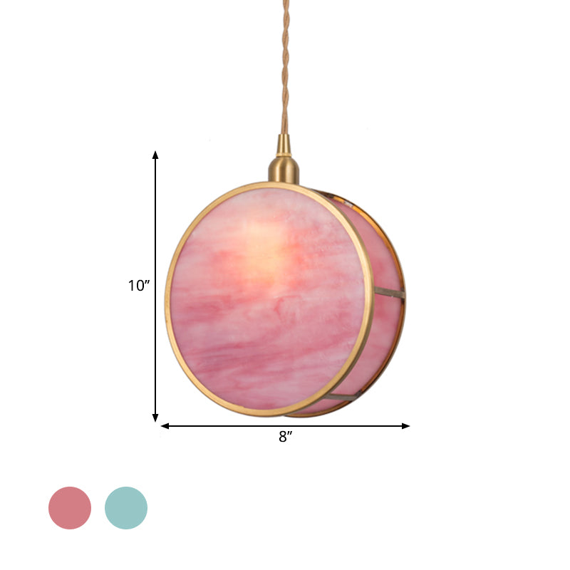 Nordic 1-Light Hanging Lamp Kit with Pink/Blue Glass Shade Brass Rounded Pendant Light Fixture Clearhalo 'Ceiling Lights' 'Glass shade' 'Glass' 'Pendant Lights' 'Pendants' Lighting' 1649821