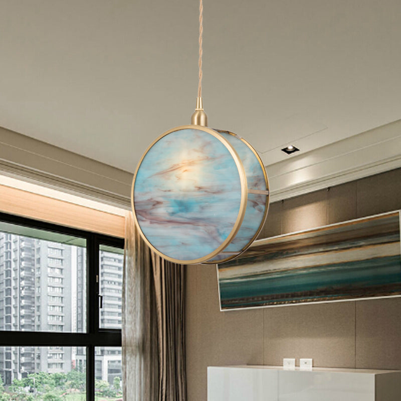 Nordic 1-Light Hanging Lamp Kit with Pink/Blue Glass Shade Brass Rounded Pendant Light Fixture Clearhalo 'Ceiling Lights' 'Glass shade' 'Glass' 'Pendant Lights' 'Pendants' Lighting' 1649823