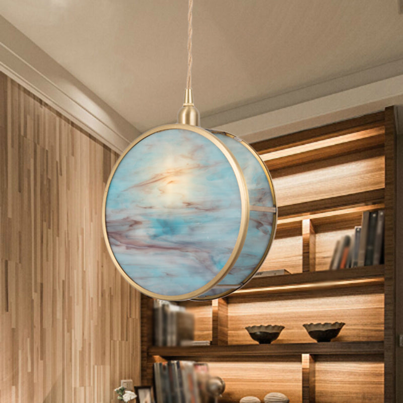 Nordic 1-Light Hanging Lamp Kit with Pink/Blue Glass Shade Brass Rounded Pendant Light Fixture Clearhalo 'Ceiling Lights' 'Glass shade' 'Glass' 'Pendant Lights' 'Pendants' Lighting' 1649824