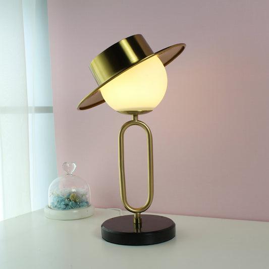 Metal Hat Desk Light Cartoon 1 Light Table Lamp with Cream Glass Shade and Marble Base in Brass Brass A Clearhalo 'Lamps' 'Table Lamps' Lighting' 1649881
