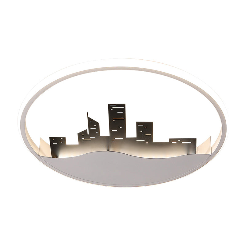 White Round Flush Light Fixture Modern LED Acrylic Flush Mount with Building Decor in Warm/White Light Clearhalo 'Ceiling Lights' 'Close To Ceiling Lights' 'Close to ceiling' 'Flush mount' Lighting' 1649968