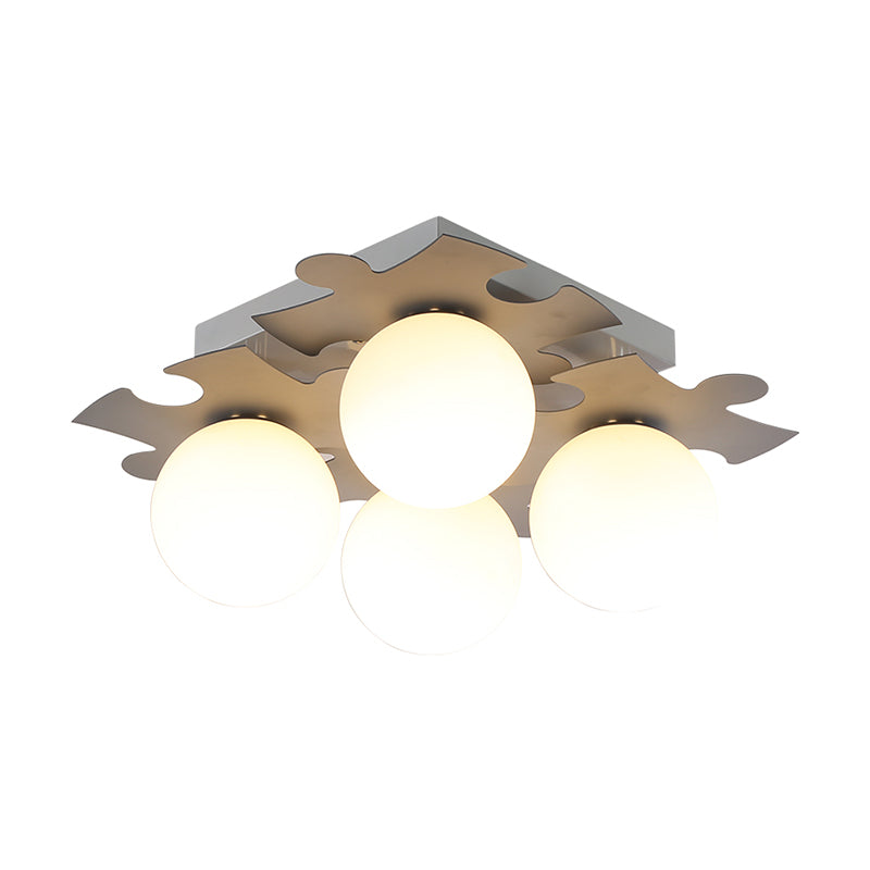 White Glass Globe Semi Flush Mount Modernist 4-Bulb Flush Light with Jigsaw Puzzle Decor in Grey/Green Clearhalo 'Ceiling Lights' 'Close To Ceiling Lights' 'Close to ceiling' 'Semi-flushmount' Lighting' 1650025