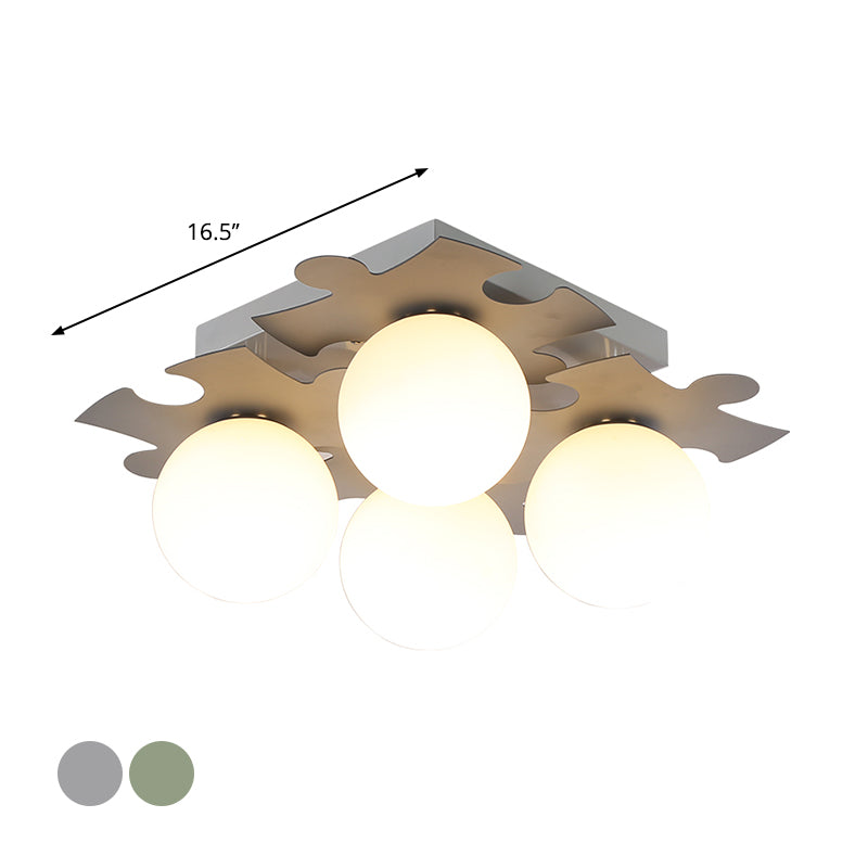 White Glass Globe Semi Flush Mount Modernist 4-Bulb Flush Light with Jigsaw Puzzle Decor in Grey/Green Clearhalo 'Ceiling Lights' 'Close To Ceiling Lights' 'Close to ceiling' 'Semi-flushmount' Lighting' 1650026
