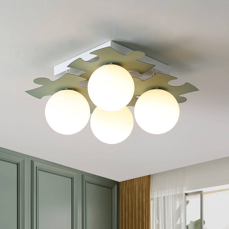 White Glass Globe Semi Flush Mount Modernist 4-Bulb Flush Light with Jigsaw Puzzle Decor in Grey/Green Clearhalo 'Ceiling Lights' 'Close To Ceiling Lights' 'Close to ceiling' 'Semi-flushmount' Lighting' 1650028