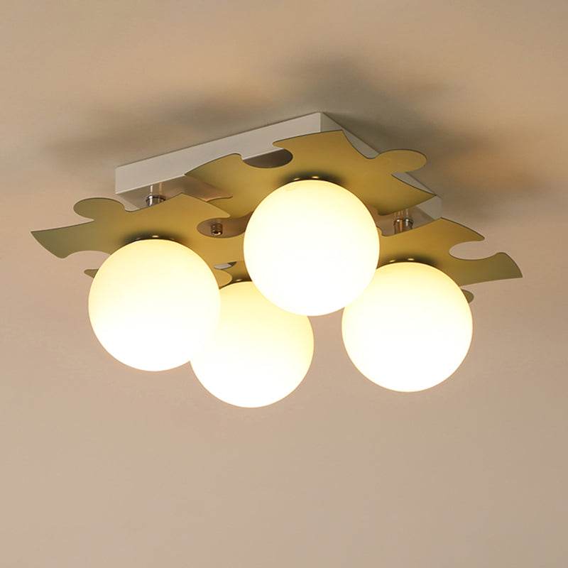 White Glass Globe Semi Flush Mount Modernist 4-Bulb Flush Light with Jigsaw Puzzle Decor in Grey/Green Clearhalo 'Ceiling Lights' 'Close To Ceiling Lights' 'Close to ceiling' 'Semi-flushmount' Lighting' 1650029