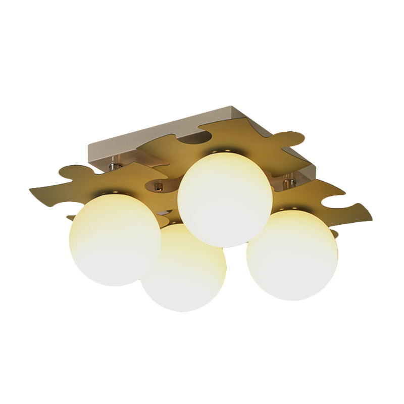 White Glass Globe Semi Flush Mount Modernist 4-Bulb Flush Light with Jigsaw Puzzle Decor in Grey/Green Clearhalo 'Ceiling Lights' 'Close To Ceiling Lights' 'Close to ceiling' 'Semi-flushmount' Lighting' 1650030