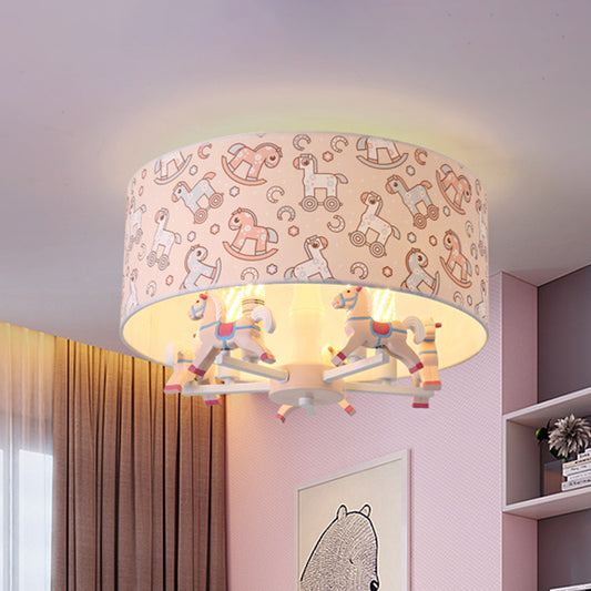 Pink Rounded Semi-Flush Mount Cartoon 5-Bulb Fabric Flush Ceiling Light with Hobbyhorse Decor Pink Clearhalo 'Ceiling Lights' 'Close To Ceiling Lights' 'Close to ceiling' 'Semi-flushmount' Lighting' 1650031