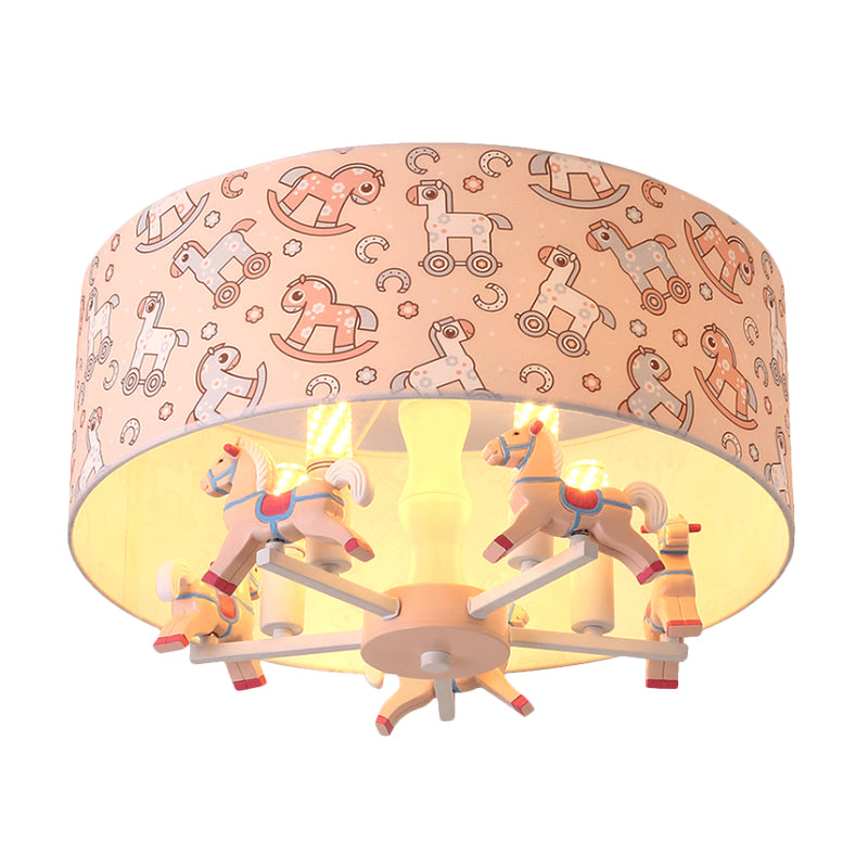 Pink Rounded Semi-Flush Mount Cartoon 5-Bulb Fabric Flush Ceiling Light with Hobbyhorse Decor - Clearhalo - 'Ceiling Lights' - 'Close To Ceiling Lights' - 'Close to ceiling' - 'Semi-flushmount' - Lighting' - 1650033