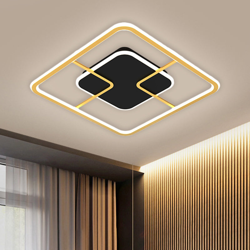 Metal Square Frame Ceiling Light Minimalism Black and Gold LED Flush Mount Lighting, 16"/19.5" Width Black Clearhalo 'Ceiling Lights' 'Close To Ceiling Lights' 'Close to ceiling' 'Flush mount' Lighting' 1650273