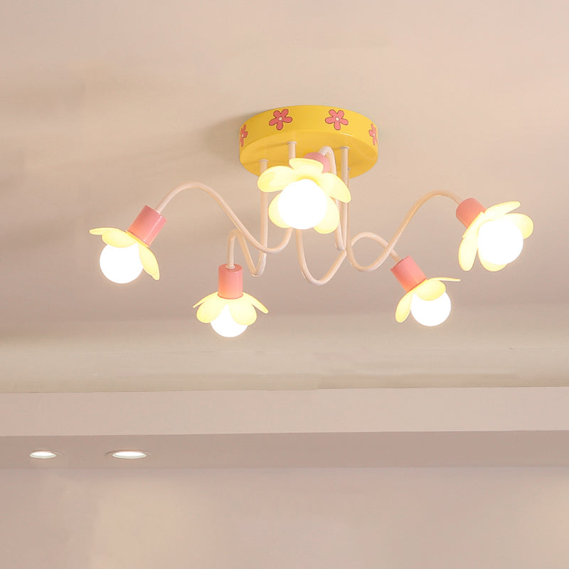 Flower Children Room Flush Mount Chandelier Metal 5 Bulbs Contemporary Semi Flush Ceiling Light in Yellow Clearhalo 'Ceiling Lights' 'Close To Ceiling Lights' 'Close to ceiling' 'Semi-flushmount' Lighting' 1650292