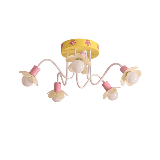 Flower Children Room Flush Mount Chandelier Metal 5 Bulbs Contemporary Semi Flush Ceiling Light in Yellow Clearhalo 'Ceiling Lights' 'Close To Ceiling Lights' 'Close to ceiling' 'Semi-flushmount' Lighting' 1650293