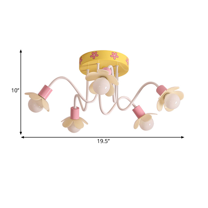 Flower Children Room Flush Mount Chandelier Metal 5 Bulbs Contemporary Semi Flush Ceiling Light in Yellow Clearhalo 'Ceiling Lights' 'Close To Ceiling Lights' 'Close to ceiling' 'Semi-flushmount' Lighting' 1650294