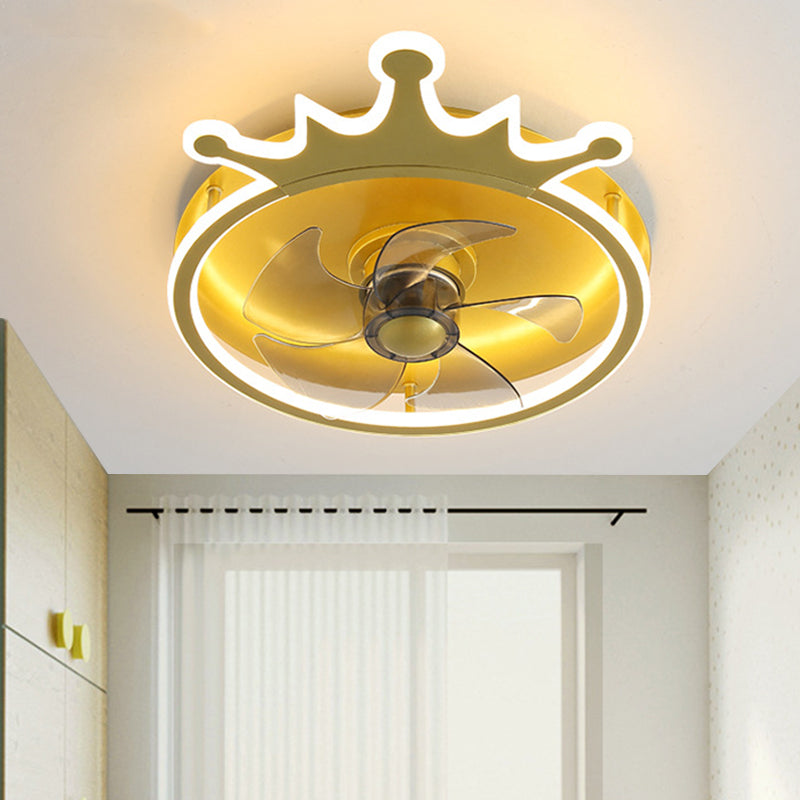 5-Blade LED Bedroom Pendant Fan Light Modern Gold Semi Flush Mount Lighting with Crown Shape Acrylic Shade, 16" Wide Gold Clearhalo 'Ceiling Fans with Lights' 'Ceiling Fans' 'Kids Ceiling Fans' 'Kids' Lighting' 1650299