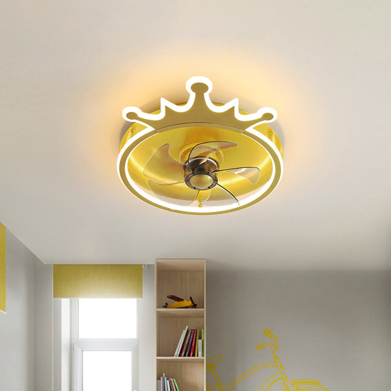 5-Blade LED Bedroom Pendant Fan Light Modern Gold Semi Flush Mount Lighting with Crown Shape Acrylic Shade, 16" Wide Clearhalo 'Ceiling Fans with Lights' 'Ceiling Fans' 'Kids Ceiling Fans' 'Kids' Lighting' 1650300