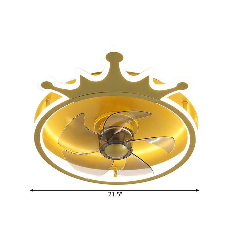 5-Blade LED Bedroom Pendant Fan Light Modern Gold Semi Flush Mount Lighting with Crown Shape Acrylic Shade, 16" Wide Clearhalo 'Ceiling Fans with Lights' 'Ceiling Fans' 'Kids Ceiling Fans' 'Kids' Lighting' 1650302