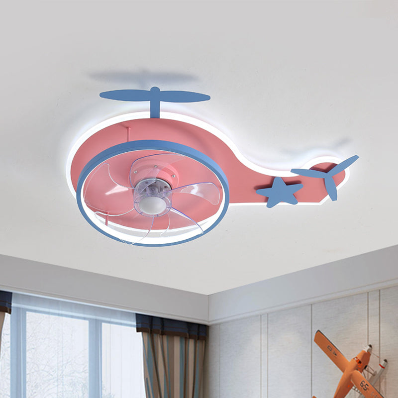 Helicopter Shape 5-Blade Ceiling Fan Light Modern Acrylic LED Pink Semi Flush Mount Fixture, 24.5 Inch Long Pink Clearhalo 'Ceiling Fans with Lights' 'Ceiling Fans' 'Kids Ceiling Fans' 'Kids' Lighting' 1650413