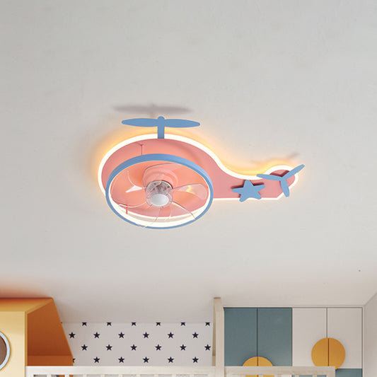 Helicopter Shape 5-Blade Ceiling Fan Light Modern Acrylic LED Pink Semi Flush Mount Fixture, 24.5 Inch Long Clearhalo 'Ceiling Fans with Lights' 'Ceiling Fans' 'Kids Ceiling Fans' 'Kids' Lighting' 1650414