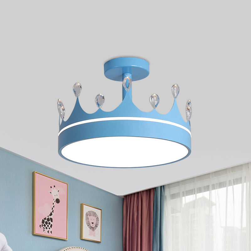 Crown Design Semi Flush Mount Lighting Simple Metallic LED Kid Room Ceiling Mounted Chandelier in Pink/Gold/Blue