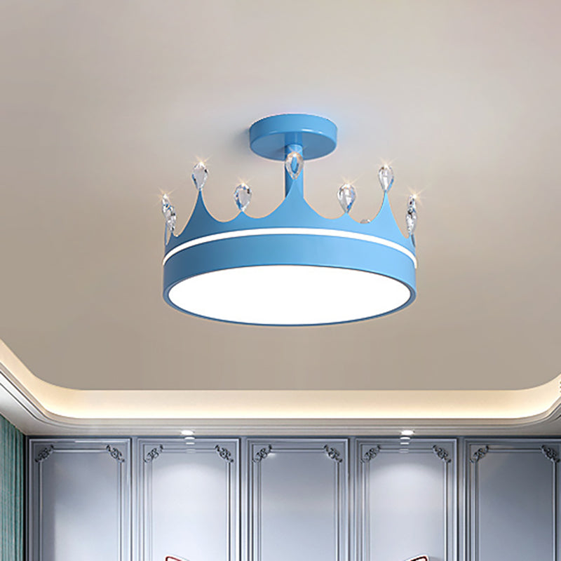 Crown Design Semi Flush Mount Lighting Simple Metallic LED Kid Room Ceiling Mounted Chandelier in Pink/Gold/Blue