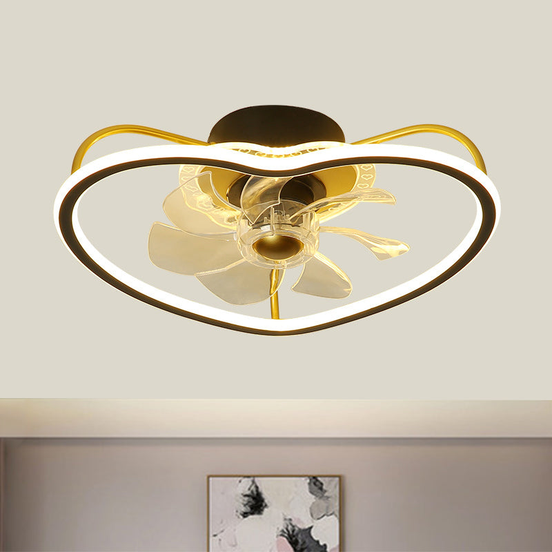 7 Blades Modernist LED Ceiling Fan Fixture with Metallic Gold/Black Heart Shape Design Semi Flush Ceiling Lamp, 16.5" Wide Black Clearhalo 'Ceiling Fans with Lights' 'Ceiling Fans' 'Kids Ceiling Fans' 'Kids' Lighting' 1650437